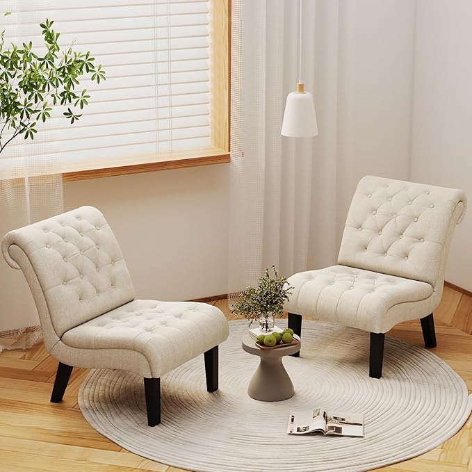 Alunaune Living Room Chair Modern Accent Chair Upholstered Tufted Armless Bedroom Chair Sofa Backrest Fabric Recliner Lounge Chair Wood Legs-Ivory