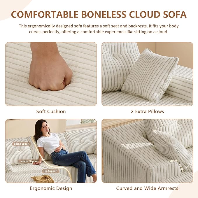 Ball &amp Cast 106 Cloud Modular Sectional Sofa Boneless Corduroy Couch with Deep Seat Comfy L-Shaped Sectional Modern Upholstered Sofa for Living Room No Assembly (Beige Left Facing Chaise)