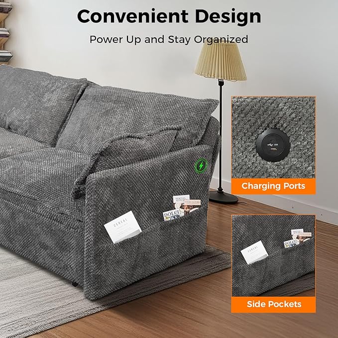 King Size Pull Out Sleeper Sofa Bed Convertible Corduroy Futon Couch with USB Ports &amp Storage Pockets Large Upholstered Loveseat Guest Bed for Living Room Grey