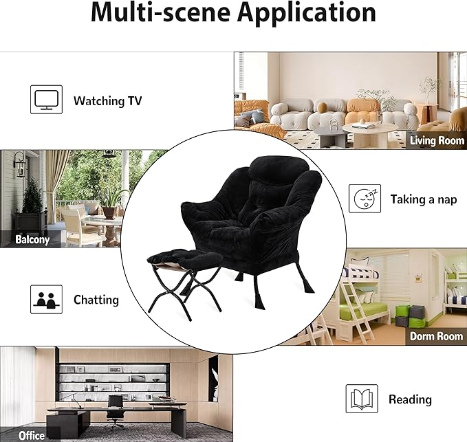 Lazy Chair with Folding Ottoman Accent Chair Plush Upholstered with Metal Structure and Non-Slip Pads Sofa Armchair with Footrest and Side Storage Bag for Dorm Room Office Black