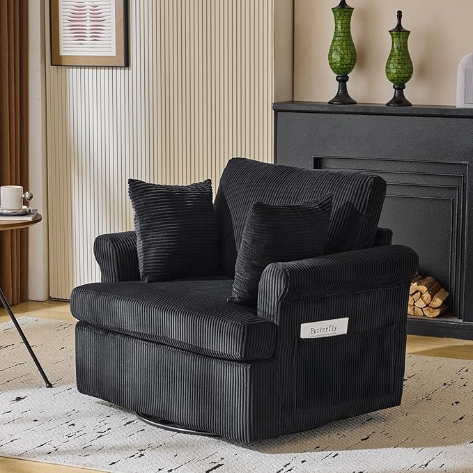 Karl home 39 Swivel Accent ChairOversized Seat Armchair W/2 Pillows and 4 PocketsModern Upholstered Corduroy Barrel ChairsComfy Single Sofa for Living RoomReadingBedroom and Office -Black