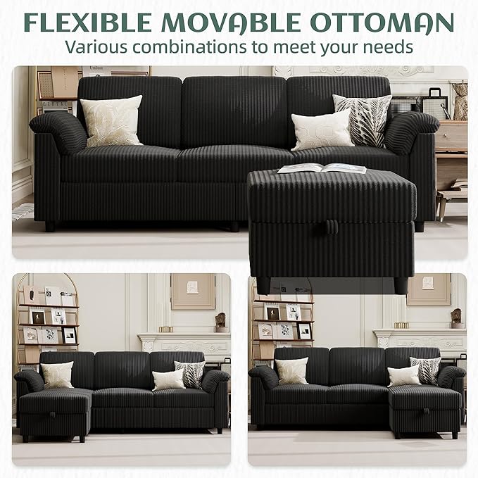 Vongrasig 79 Convertible Sectional Couch Sofa with Storage Ottoman 3 Seat L Shaped Couch with Side Storage Pockage Small Couches for Living Room Apartment and Small Space Black