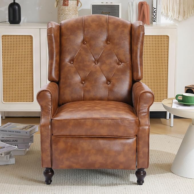 Wingback Recliner Chair with Massage and Heat Tufted Back PU Leather Living Room Armchair with Nailhead TrimPush Back Recliner Chair with Remote ControlPadded Cushion (Tawny Brown)