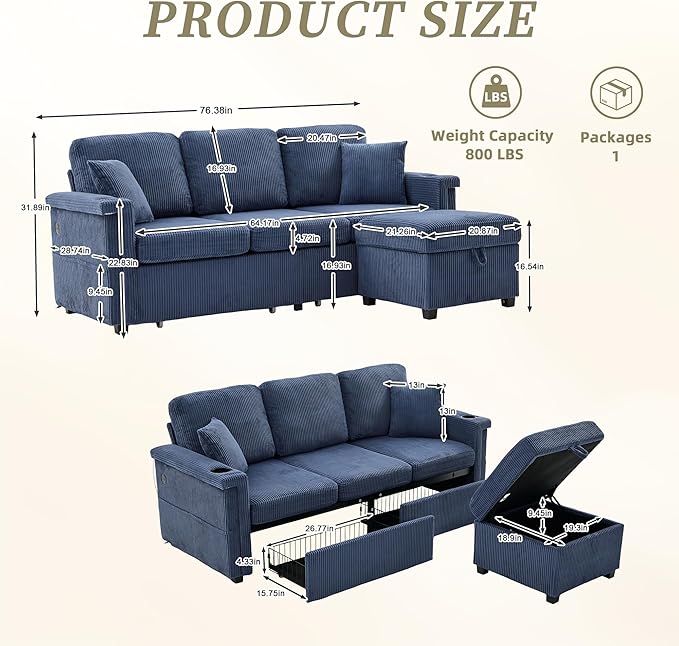 76'' Sectional Sofa Couches for Living Room 3 Seat L-Shaped Couch with Storage &amp Ottoman Corduroy Convertible Sofas with Chaise Apartment with USB Charging Cup Holder (Navy)