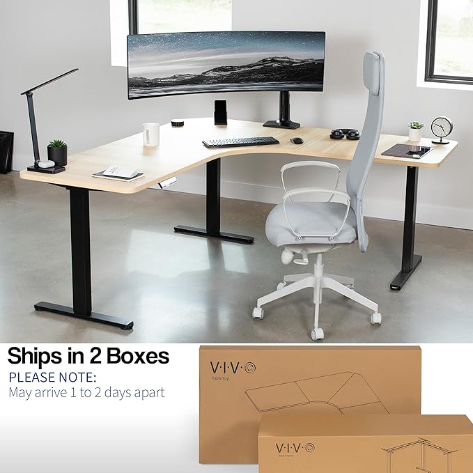 VIVO Electric Height Adjustable 71 x 71 inch Curved Corner Stand Up Desk Light Wood Table Top Black Frame Memory Controller L-Shaped Workstation E3C Series DESK-KIT-E3CBC