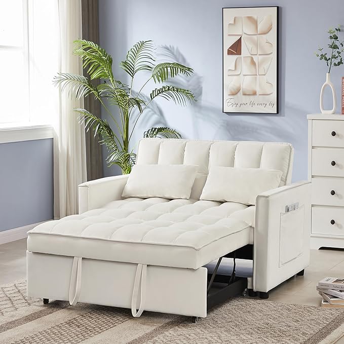 3 in 1 Convertible Sleeper Sofa Couch with Pull Out Bed55 Velvet Upholstered Futon Sofa BedModern Loveseat Sleeper Chaise with Adjustable Backrest for Living Room Guest Room Apartment(White)