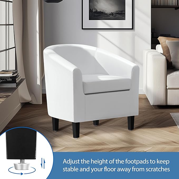 Yaheetech White Leather Chair Faux Leather Accent Chair Modern Barrel Chair Comfy Club Chair with Soft Padded and Solid Legs for Living Room Bedroom Reception Room White