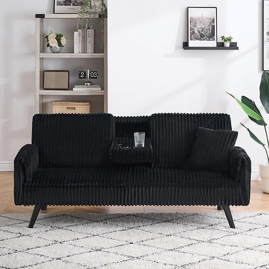 72 Modern Corduroy Sofa Bed FutonConvertible Sleeper Couch Bed with Cup Holder4 Reclining PositionsFolding Sofa Cloud Loveseat for Small Living Room Apartment Office (Black-New)