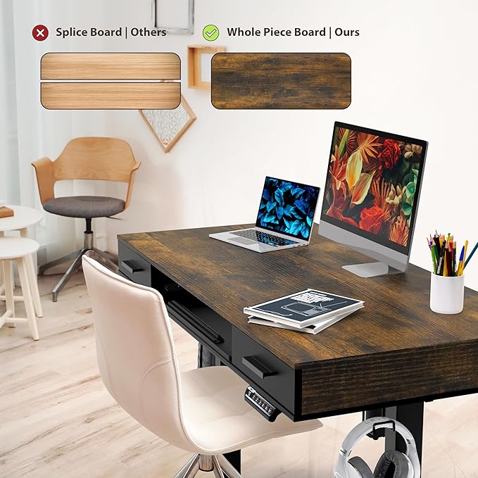 SHW 48-Inch Electric Height Adjustable Desk with Keyboard Tray and 2 Drawers Rustic Brown