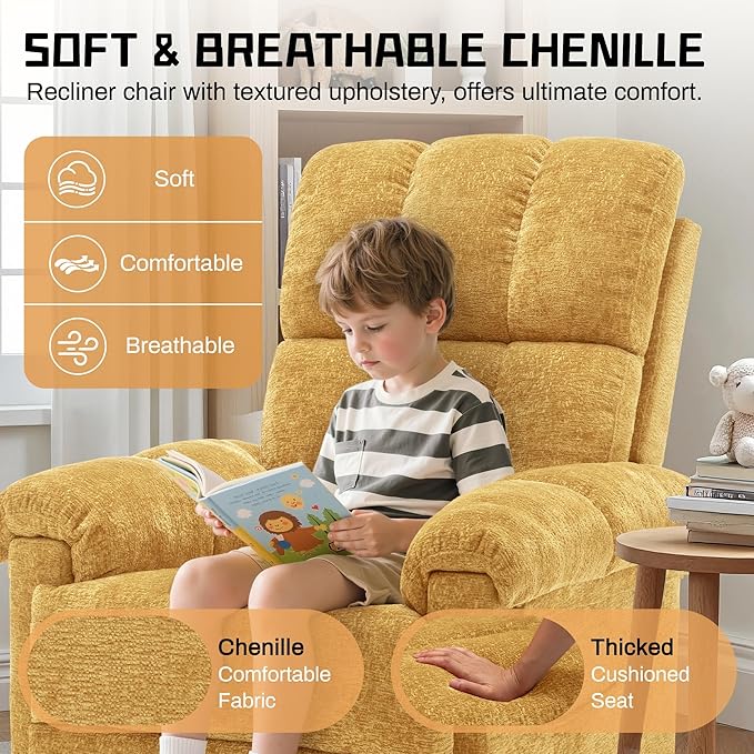 Recliner Chair Swivel Rocker Recliner Chair for Adults Small Recliners for Small Spaces Upholstered Manual Recliner with Side Pockets Nursery Rocking Chair for Living Room Chenille Yellow