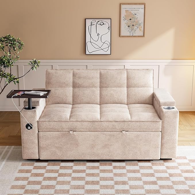 65'' 3-in-1 Convertible Sofa Bed with Adjustable Backrest Pull Out Sofa Chenille Couch Sleeper 360° Swivel Side Table Easy Assembly for Living Room &amp Apartments Khaki