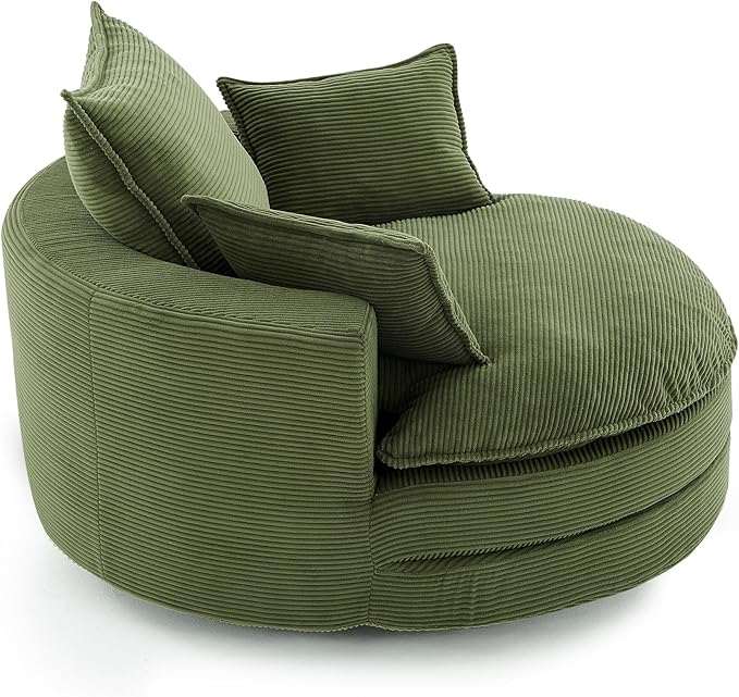 360° Swivel Sofa Chair with Dual-Layer Cushion Design 57.5 Swivel Round Accent Barrel Chair with 3 Removable Pillows for Living Room Office and Hotel (Green//261)