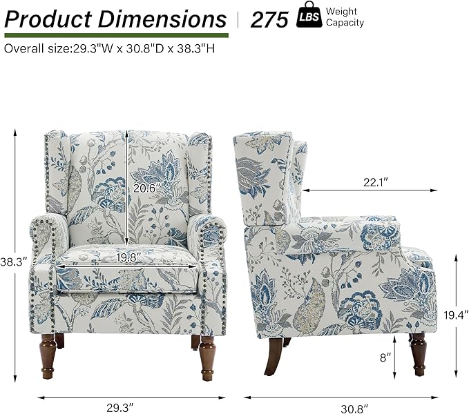 Floral High Back Accent Chair Upholstered Armchair with Solid Wood Legs Comfy Wingback Reading Single Sofa Chair for Small Spaces Living Room Bedroom(Floral Plants Blue Set of 2)