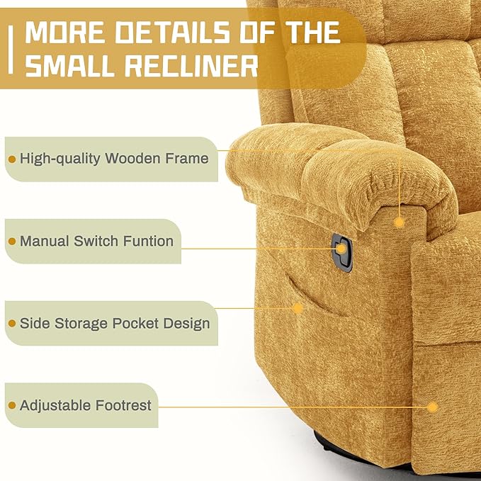Recliner Chair Swivel Rocker Recliner Chair for Adults Small Recliners for Small Spaces Upholstered Manual Recliner with Side Pockets Nursery Rocking Chair for Living Room Chenille Yellow