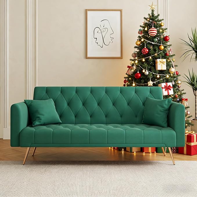 71 Futon Sofa Bed VelvetConvertible Sleeper Sofa CouchModern Folding Futonwith 3 Adjustable Backrests and 2 Pillowsfor Small Living Room Bedroom Office (Green)
