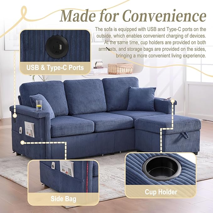 L-Shaped Sectional Sofa with Storage &amp Movable Ottoman Corduroy 3 Seater Sectional Couch with USB Charging Cup Holder &amp LED Light Couches for Living Room (Navy 76.38)