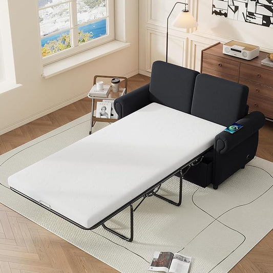 Merax 57.9 Loveseat Sofa Couch with Pull Out Bed 3 in 1 Convertible Line Fabric Sleeper Sofa Bed with 2 USB Ports and Twin Size Memory Mattress for Apartment Office Living Room (Black)