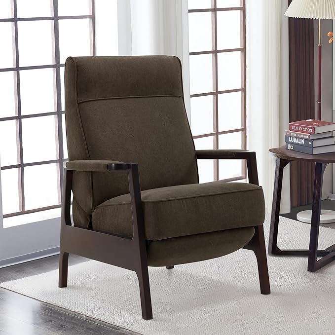 MCombo Pushback Recliner Chair with Wooden Armrests Upholstered Single Sofa Accent Chair for Living Room and Office Fabric MR097 (Coffee)