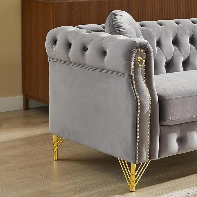 ERYE 37-Inch Chesterfield Button Tufted Single Sofa with Round Pillow Single Seat Velvet Tufted Sofa W/Nailhead DecorRing Accent &amp Golden Legs