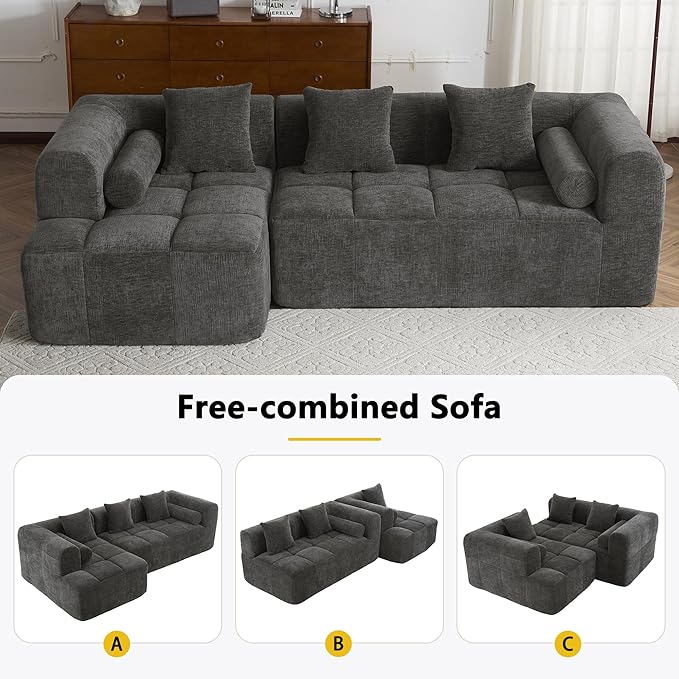 101.2 Sectional Sofa Full-Compressed Sofa Modular Sofa Couch Free-Combined with Deep Seating and Two Side Pockets for Living Room (Grey@90)