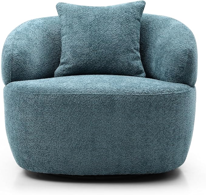 KEIKI 35 Round Oversized Boucle Single Sofa Chair with Ergonomic Design Upholstered Modern Style 1-Seater Corner Swivel Barrel Chair Easy Assembly for Office Apartment Living Room Blue