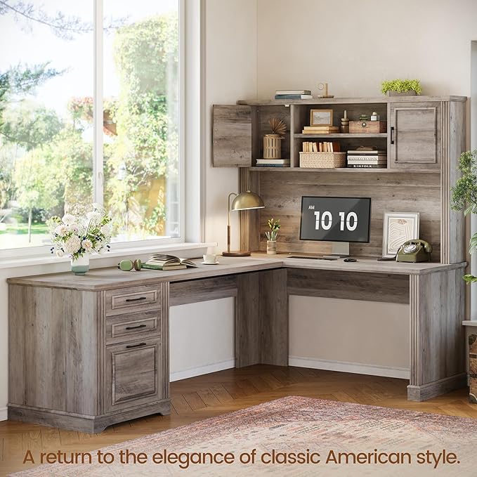 Itaar Farmhouse Executive L Shaped Desk Home Office Desk with File Drawer and Power Outlet Computer Corner Desk with Hutch and Drawer Workstation for Office Home Grey