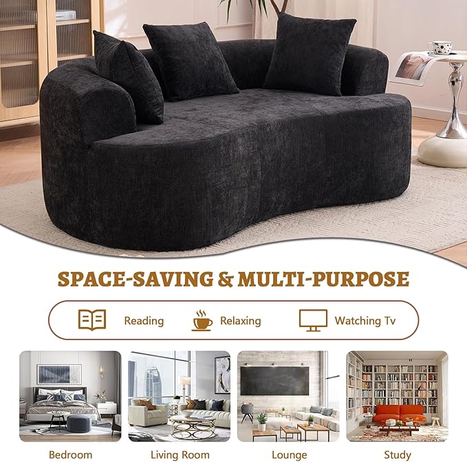 Luxury 80” Curved Loveseat Sofa Chenille Curved Couch with 2 Big Pillows &amp Extra Wide Armrests Comfy Upholstered Oversized Loveseat Couch &amp Sofa for Living Room (Black 80 Inches)