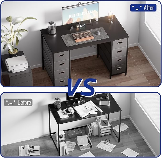 Pamray 47 Inch Computer Desk with 8 Fabric Drawers PC Gaming Desk Home Office Study Work Writing Table for Bedroom Black