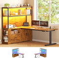 SEDETA 56.7 L Shaped Standing Desk Reversible Computer Office Desk with Drawers &amp Hutch Stand Up Corner Gaming Desks with LED Lights &amp Power Outlets for Home Office Rustic Brown