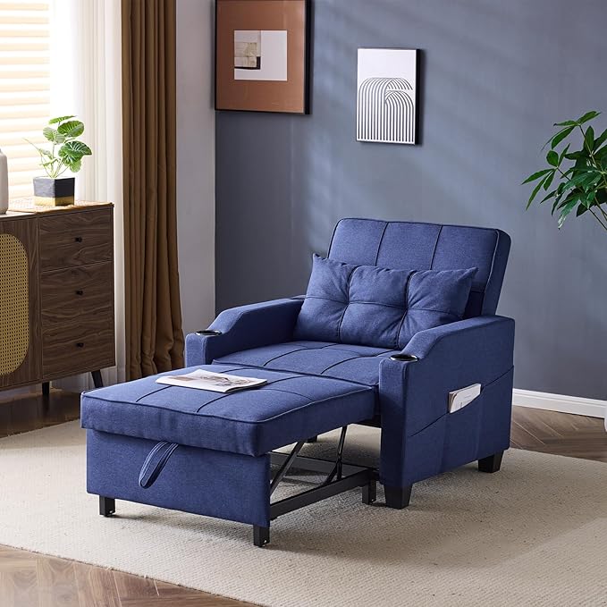 VINGLI Navy Blue Sleeper Chair Bed 3-in-1 Convertible Futon Sofa Bed Pull Out Couch Bed Adjustable Recliner Chair with USB Ports Cup Holders Side Pockets for Living Room Bedroom Small Spaces