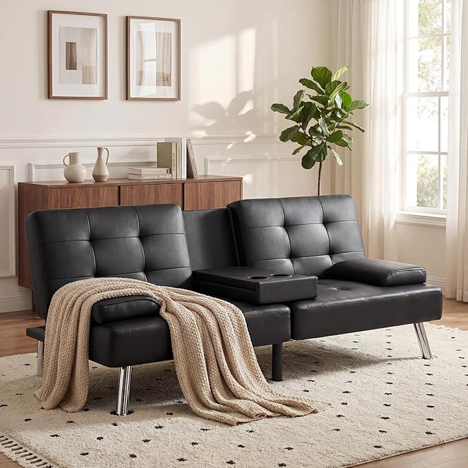 YESHOMY Modern Futon Sofa Bed Convertible Futon Couch with Adjustable Backrest Futon Loveseat Sleeper Sofa Bed with Armrest for Living Room Small SpacesPU Leather Black