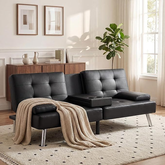 YESHOMY Modern Futon Sofa Bed Convertible Futon Couch with Adjustable Backrest Futon Loveseat Sleeper Sofa Bed with Armrest for Living Room Small SpacesPU Leather Black