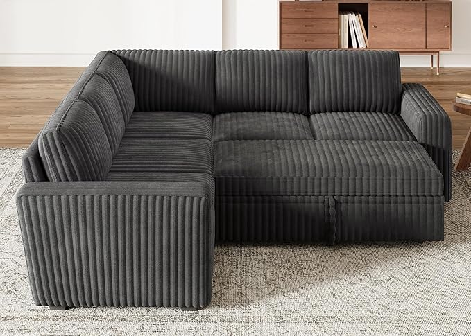 HONBAY Modular Sectional Sleeper Sofa with Pull Out BedCorduroy L Shaped Couch with Storage Sectional Couches for Living RoomDark Grey