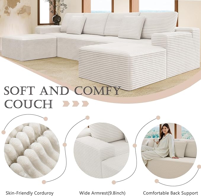 137.8 Cloud Couch Sectional Modular Sofa with 2 Ottoman Corduroy U Shaped Boneless Sofas Couch in a Box No Assembly Required White Couches for Living Room