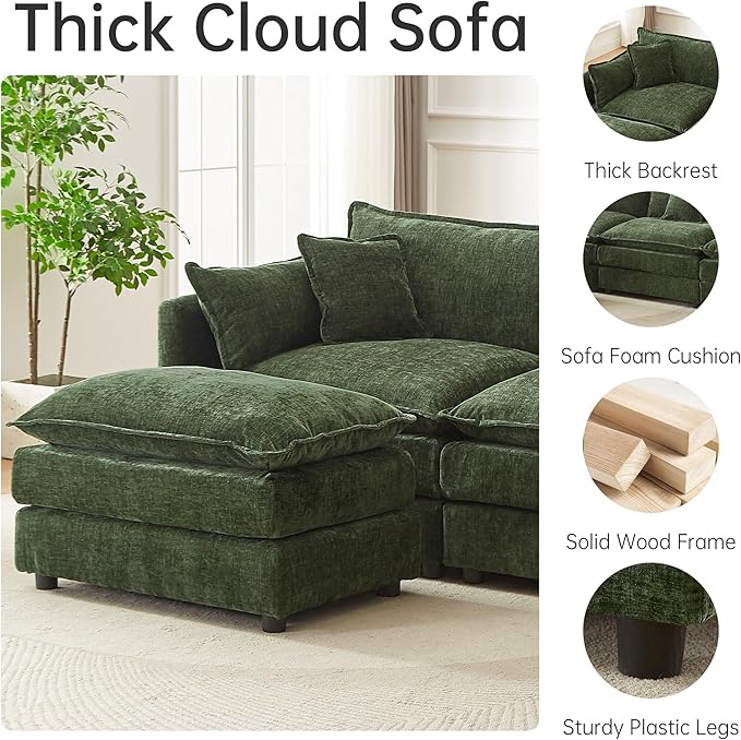 Modular Sectional Sofa 112.2 Inch U Shaped Couch Set with Armrests 3-Seater Comfy Cloud Couches with Movable Ottoman for Living Room Apartment Green