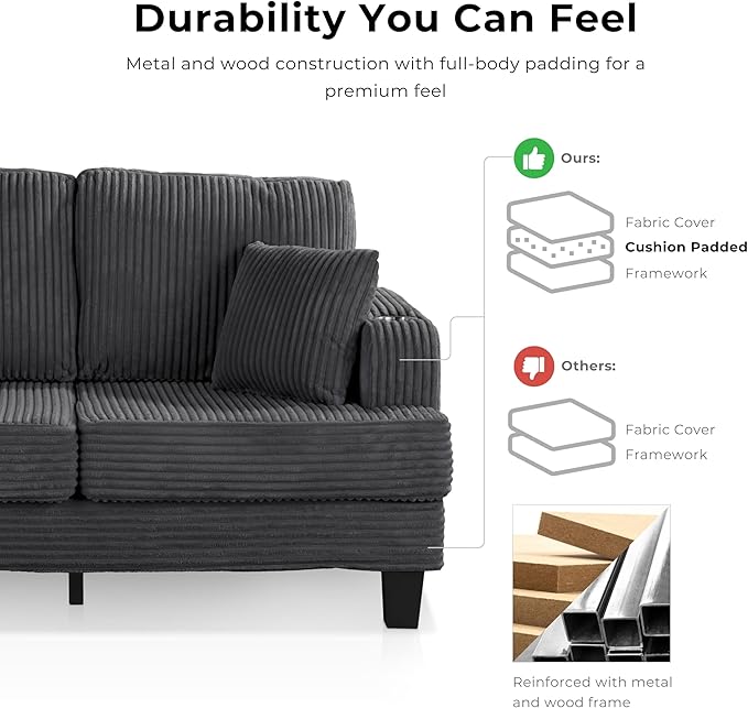 Homes: Inside + Out Reese Modern Plush Chenille Couch with Side Pockets Cup Holders and USB Ports Wooden Comfortable Sofa for Living Room Bedroom and Office Dark Grey
