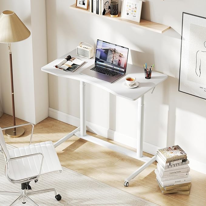 Giantex Mobile Standing Desk Height Adjustable Computer Desk with Wheels &amp Aluminum Frame C Shaped Sofa Side Table Portable Laptop PC Workstation Compact Rolling Desk for Small Space (White)