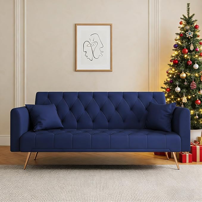 71 Futon Sofa Bed VelvetConvertible Sleeper Sofa CouchModern Folding Futonwith 3 Adjustable Backrests and 2 Pillowsfor Small Living Room Bedroom Office (Blue)