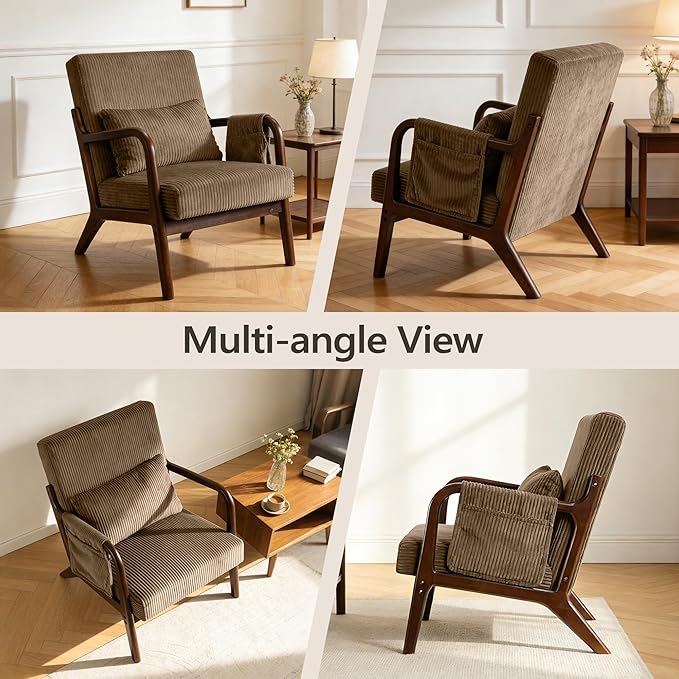 Mid-Century Modern Accent Chairs Upholstered Fabric Lounge Arm Chair with Storage Pocket Lumbar Cushion &amp Solid Wood Frame for Living Room Bedroom Balcony (Camel)