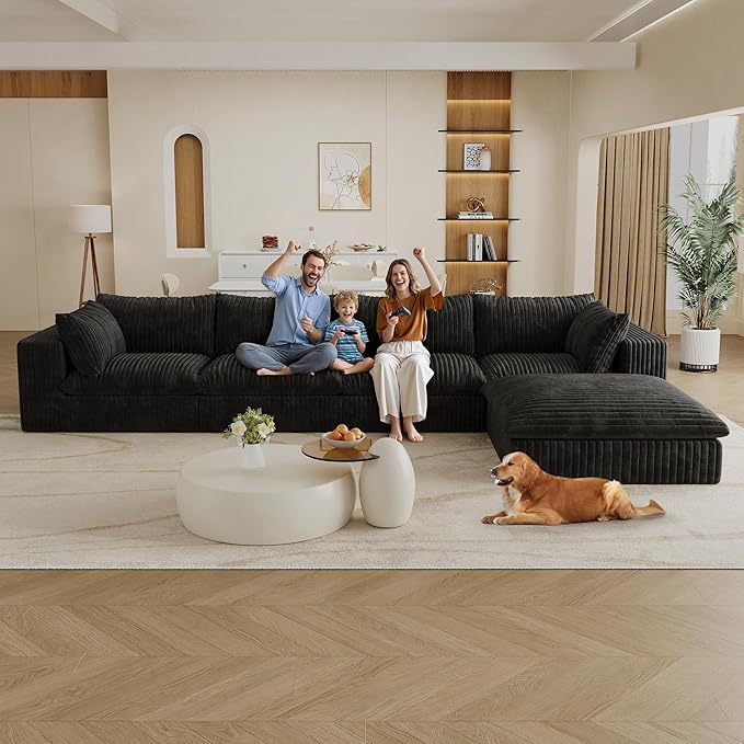 157.6 Oversized L Shaped Modular Boneless Sofa with Ottoman Cloud Sectional Couches for Living Room Deep Seat Corduroy Upholstered Couch Furniture Set No Assembly Required (4 Seater+1 Ottoman)