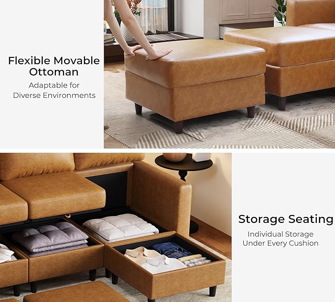 ABCASA 118.5 Faux Leather Modular Sectional Sofa 6 Seater U Shaped Couch with Movable Ottoman and Storage Seat with Reversible Chaise Deep Seat for Living Room Brown