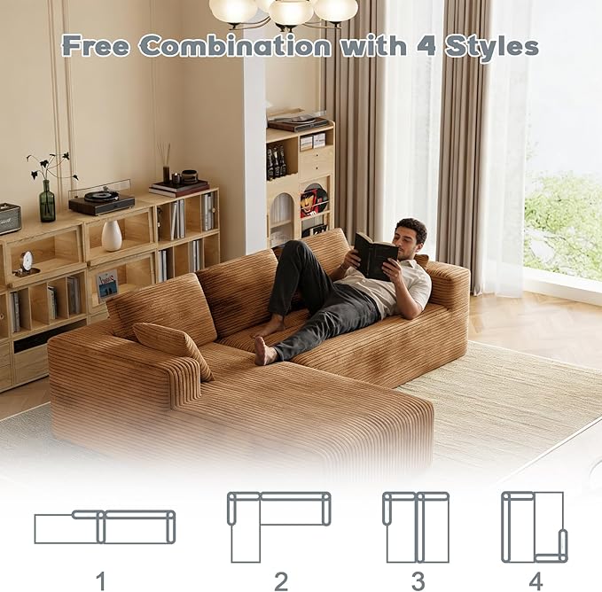 106 Corduroy Sectional Couch Boneless L Shaped Couch with Deep Seat Cloud Foam Sofa with Oversized Chaise Sectional Sofa No Assembly Needed for Living Room