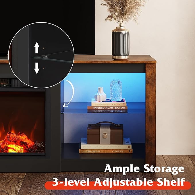 WLIVE Fireplace TV Stand for 65 Inch TV 58 Entertainment Center with Fireplace Modern TV Stands for Living Room Entertainment Center with Glass Shelves Rustic Brown