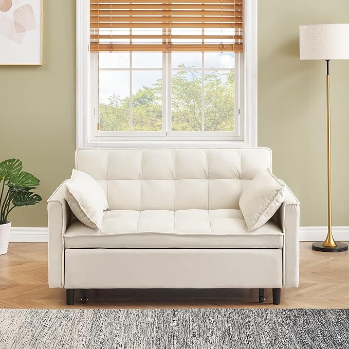55 Sleeper Loveseat3 in 1 Sofa BedPull Out Couch Bed with 2 Pillows and Side PocketsVelvet Convertible Bed for Small SpacesLiving Room (Beige)