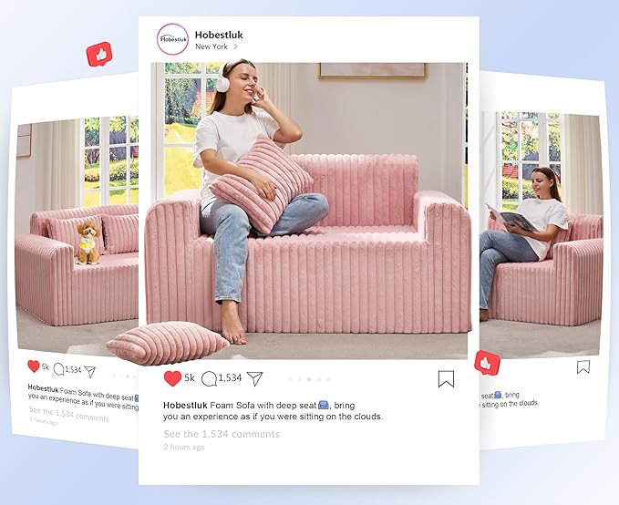 Hobestluk Couch Sofa 2-Seater Foam Sofa Loveseat for Small Spaces Comfy Sofas with Removable Cover Furry Couch with Pillows for Living Room Bedroom Apartment Office (Pink Loveseat)