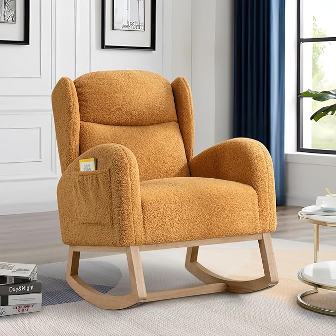 Rocking Glider Chair for Nursery Wingback Teddy Accent Rocker Chair Upholstered Tall Back Arm Chair w/Side Pockets Modern Leisure Single Sofa for Living Room Hotel Bedroom Baby Room Khaki