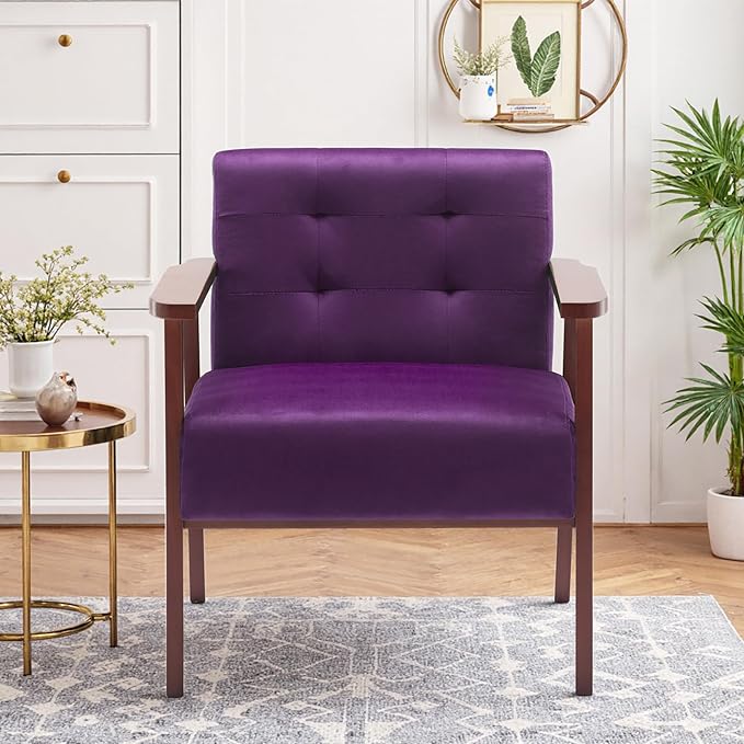 Anwick Mid-Century Modern Accent ChairPU Leather Living Room Chair with Solid Wood FrameComfy Armchair Lounge Reading Chairs for Bedroom Office (Purple)