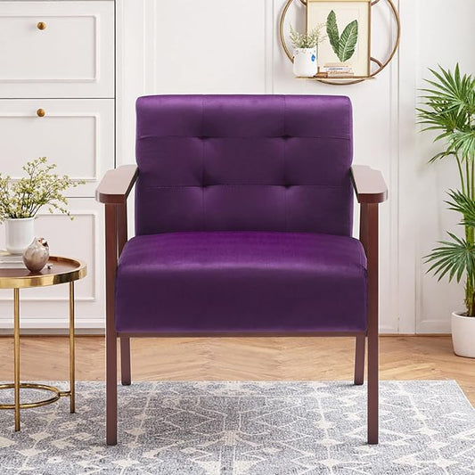 Anwick Mid-Century Modern Accent ChairPU Leather Living Room Chair with Solid Wood FrameComfy Armchair Lounge Reading Chairs for Bedroom Office (Purple)