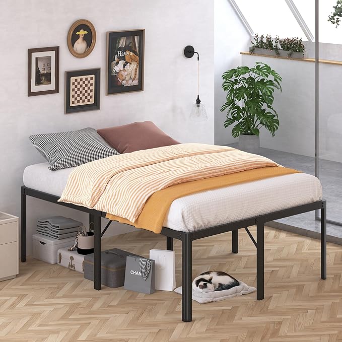 24 Inch High King Bed Frame with Rounded Corner Heavy Duty Metal Bed Frame King Under-Bed Storage Space No Box Spring Needed Noise Free Easy Assembly Black