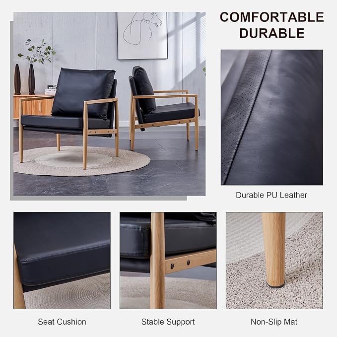 Generic Sofa Chair.Black PU Leather Accent Arm Chair Mid Century Modern Upholstered Armchair with Imitation Solid Wood Color Metal Frame Padded Backrest and Seat Cushion Sofa Chairs for Living Room